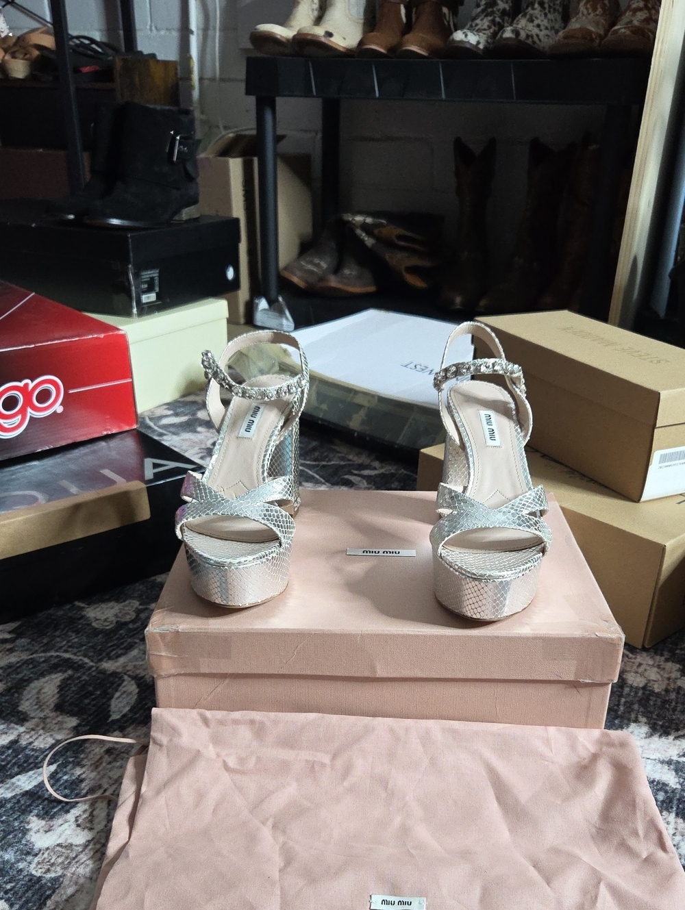 Miu Miu Silver Snakeskin-Texture Platform Sandals
